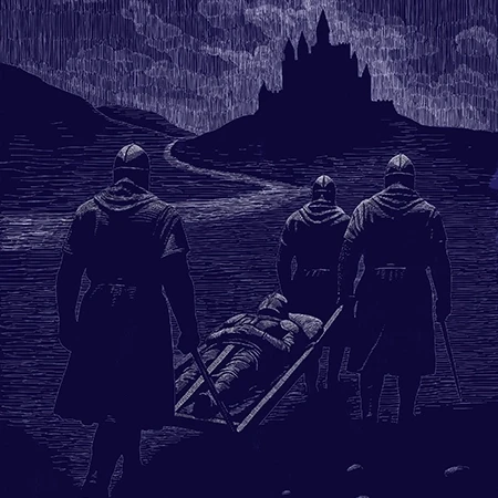 Ilustrace k textu Martina Zemana: Krocan. Jde o středověký epos. Na kresbě vidíme tři rytíře nesoucí na lehátku čtvrtého mrtvého. V dálce je hrad, na který směřují.