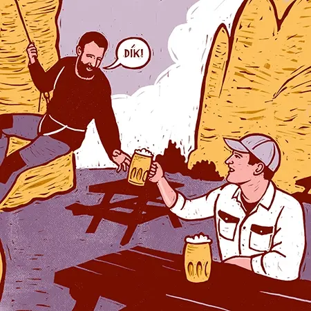 Komiks na restaurační stojánek pivovaru Rohozec pro pivo Skalák.