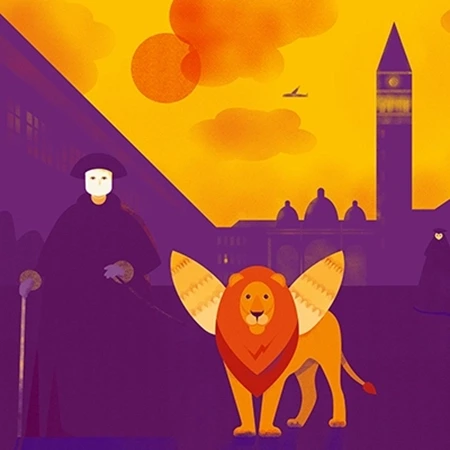 Kresba do kalendáře Karneval v Benátkách pro Konica Minolta. Pestrobarevná kresba s maskovanou postavou a lvem. Stojí na benátském náměstí.