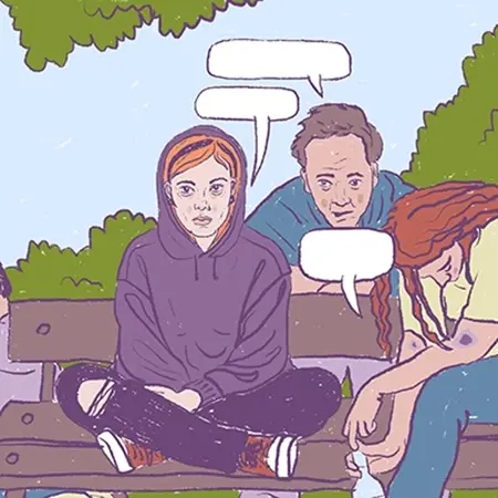 Výřez z komiksu vytvořeného pro sdružení Krok domů. Hlavní hrdinka Katka sedí na lavičce, vedle ní sedí další dívka a za ní stojí muž. Všichni jsou drogově závislí.