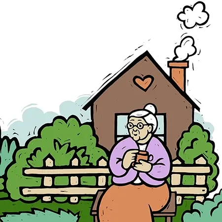 Ilustrace k netradičním omalovánkám: kresby k básním Martina Kašíka – Matesovy říkanky. Na obálce vidíme babičku korenářku sedící na lavičce před svou chaloupkou.