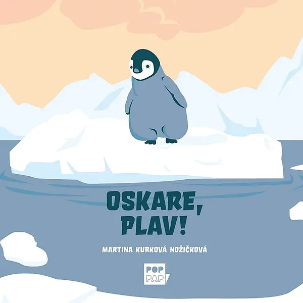 Ilustrace hlavního hrdiny knihy – tučňáka Oskara. Stojí na kře uprostřed oceánu a neví, jak se dostat na břeh. Bojí se totiž vody.