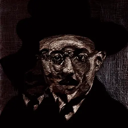 Ilustrace z knihy Fernanda Pessoy – Kniha neklidu. Na kresbě je znázorněn autor knihy.