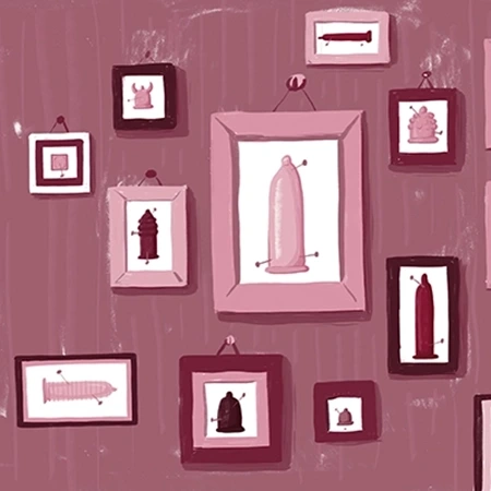Ilustrace do knihy Taboo pojednávající o různých formách sexuality. Motiv se zdí plnou zarámovaných prezervativů.