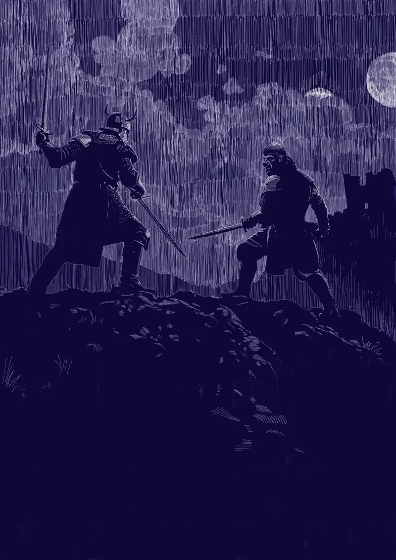 Ilustrace eposu Krocan: Souboj dvou bojovníků, dobra a zla.