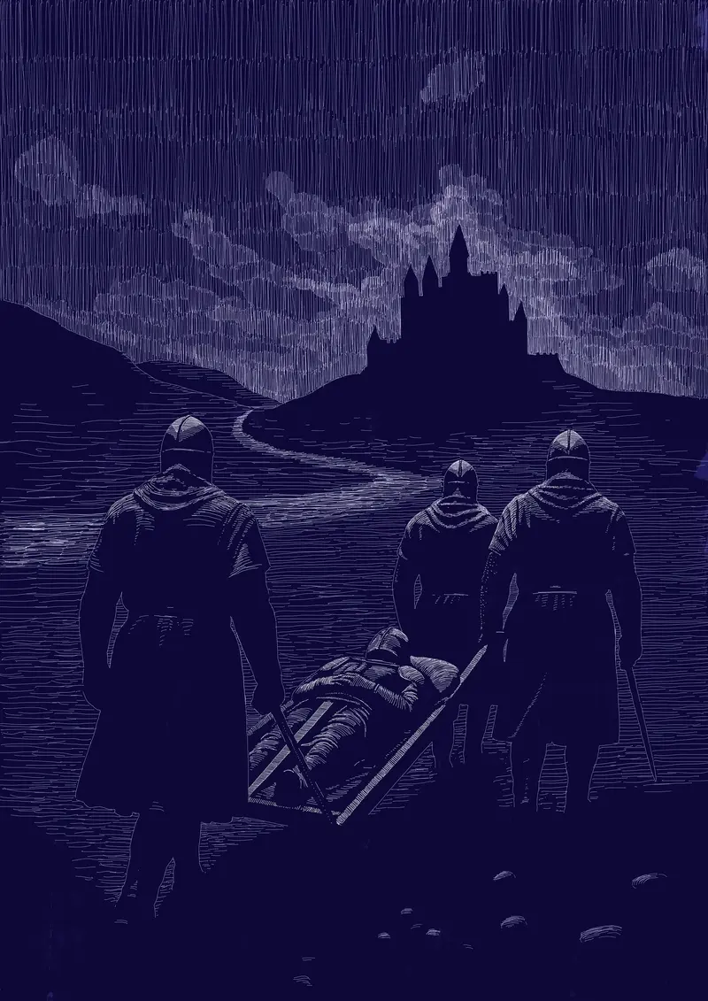 Ilustrace eposu Krocan: Vidíme krajinu s hradem a řekou. Tři rytíři nesou na nosítkách mrtvého knížete zpět domů.