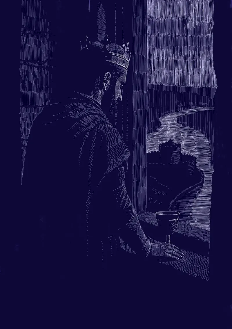 Ilustrace eposu Krocan: scéna z interiéru hradu. Mladý kníže stojí zamyšleně u okna a kouká ven na krajinu s řekou.