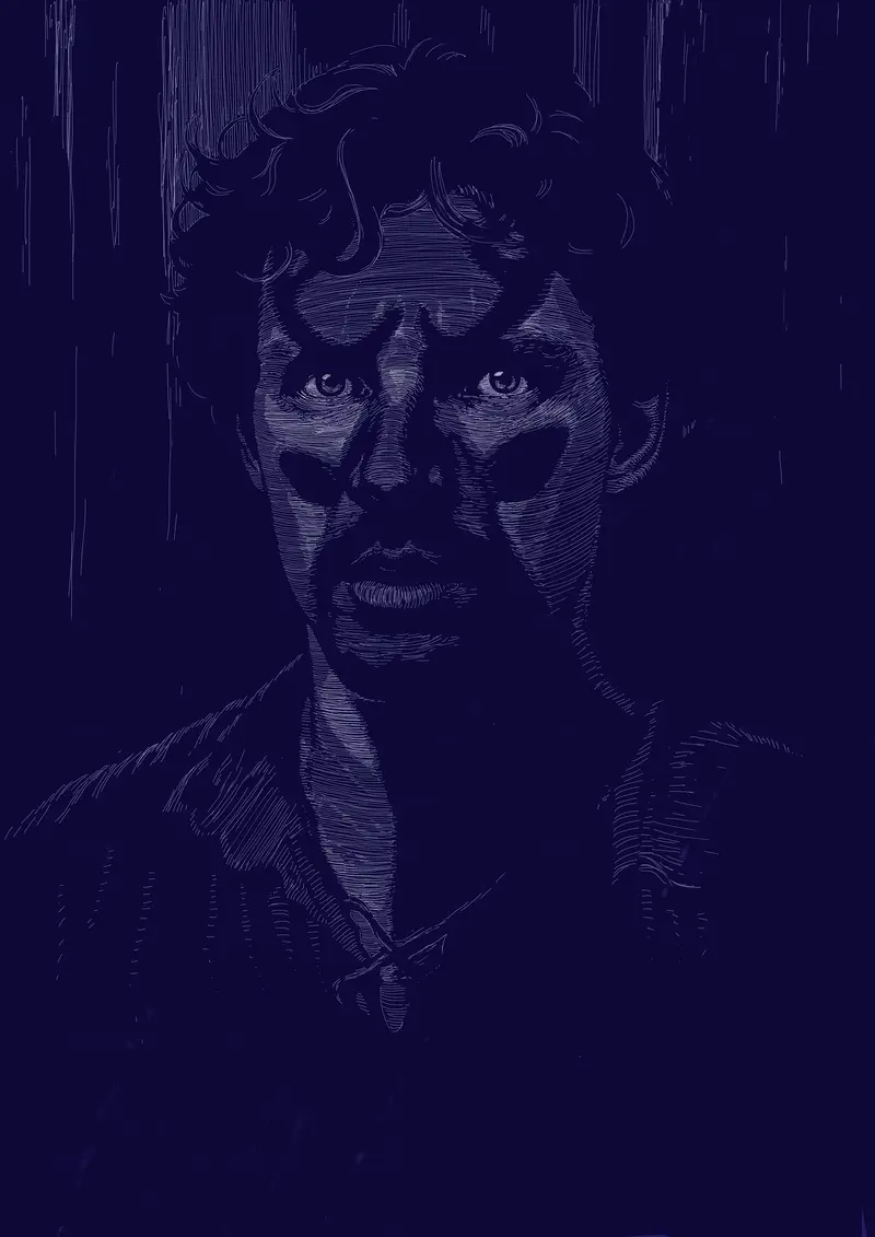 Ilustrace eposu Krocan: portrét hlavního hrdiny knihy. Pohled na maldého muže, na jehož obličeji je vržený stín bélého jelena. Ze stínu září mužovy otevřené oči, které jsou upřeny přímo na nás.