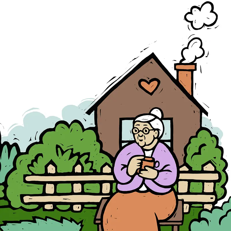 Matesovy říkanky, omalovánky, obálka druhého dílu. Babička bylinkářka sedí na lavičce před svou chaloupkou.