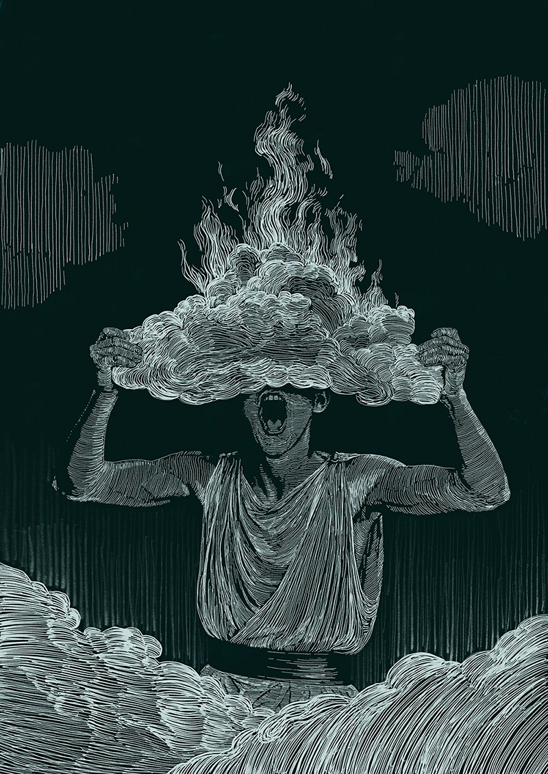 Ilustrace k příběhu Faethona, který kvůli své umíněnosti zapálil celý svět. V rukou drží hořící mrak a křičí.