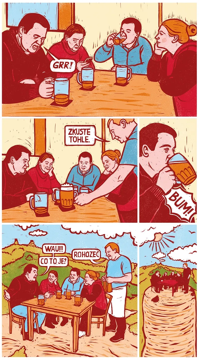 Komiks z univerzálního stojánku pivovaru Rohozec.